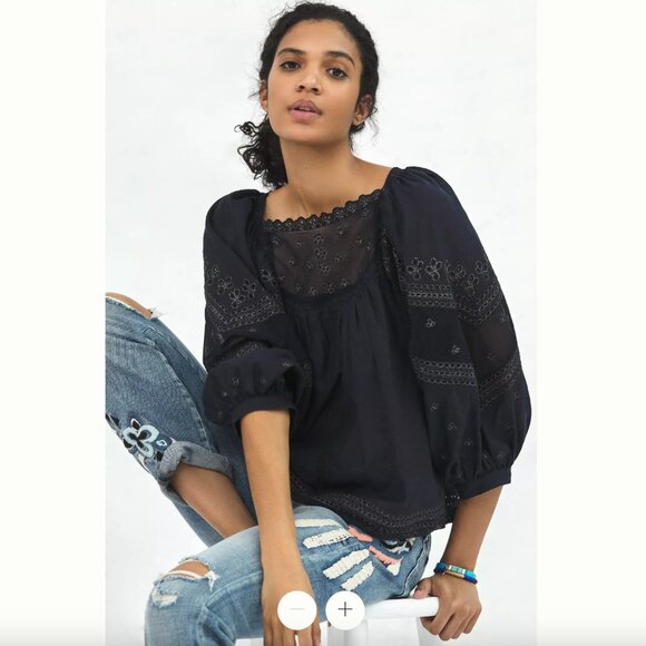 Anthropologie Rare Jaslyn Embroidered Lace Blouse Navy Gold Size Large - Picture 2 of 10